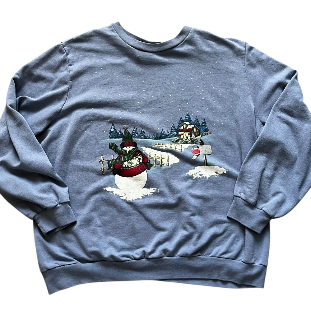 Blair Vintage Snowman Winter Scene Sweatshirt Blue Crewneck Festive Holiday XL